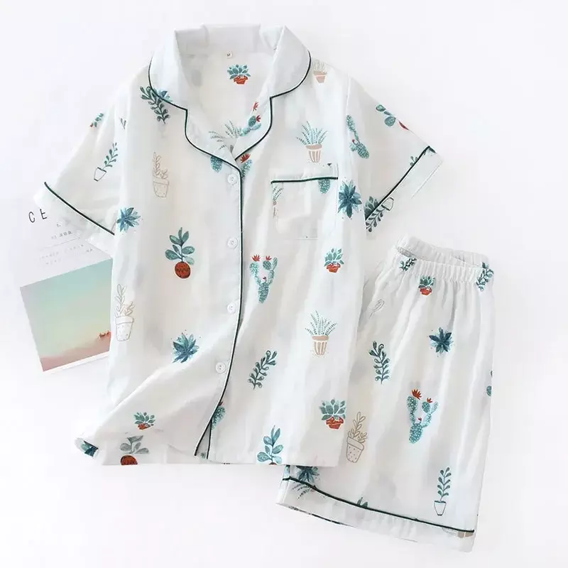 Japońskie proste krótkie piżamy damskie 100% bawełniane krótkie rękawy damskie zestawy piżam szorty Cute cartoon piżamy damskie homewear