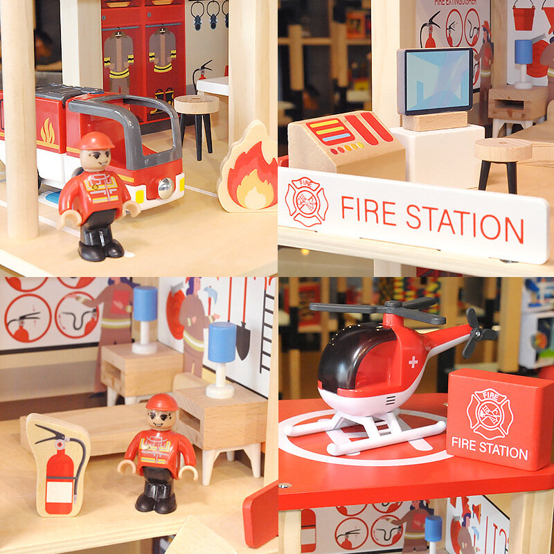 Ufficio della polizia in legno stazione dei pompieri ragazzi fai da te gioco di ruolo auto camion dei pompieri costruzione blocchi assemblati casa giocattoli per bambini