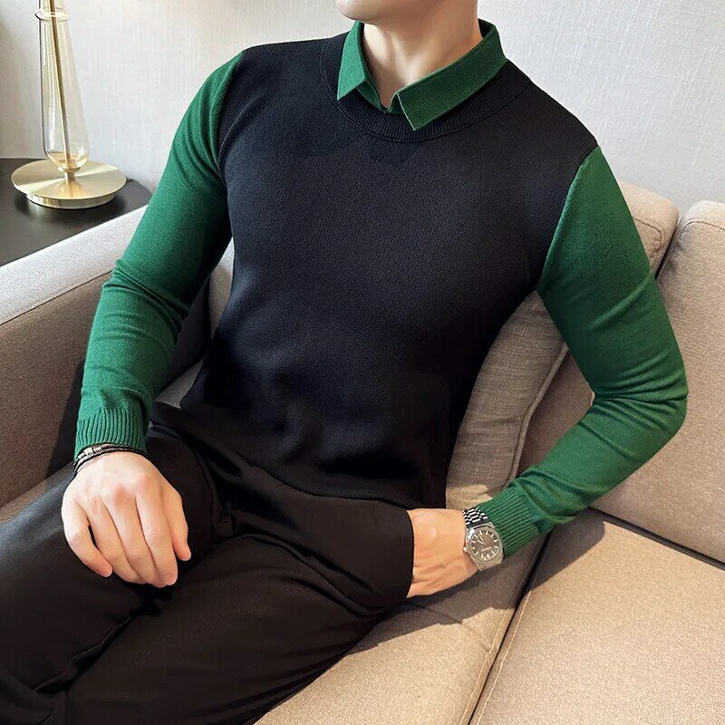 3XL-M Autumn New Men's Fake Two Piece Sweaters Men's Korean Edition Pullover Personalized Colored Knitted Shirt Collar Underlay