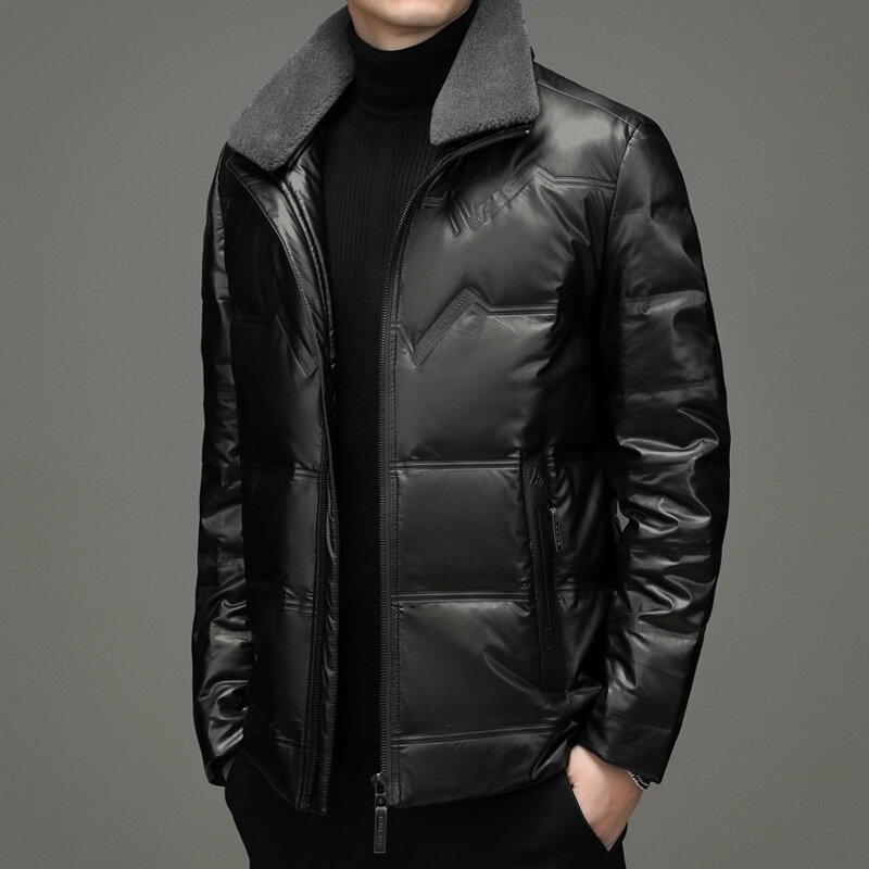Haining 남성용 가죽 다운 재킷, 짧은 라펠, 분리형 모피 칼라, 두껍고 따뜻한 고품질 가죽 재킷 코트