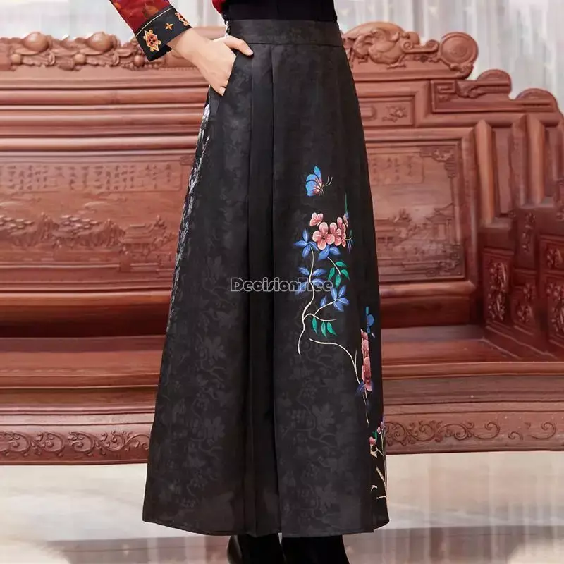Traje tang clásico para mujer, falda larga con estampado de hilo, estilo chino retro, holgada, de cintura alta, g522, 2023