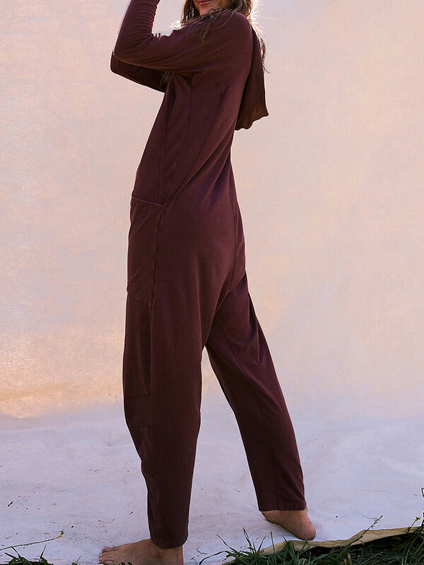 Pantaloni da donna tuta tinta unita allentata manica lunga con cappuccio pagliaccetto con tasche per Clubwear Streetwear