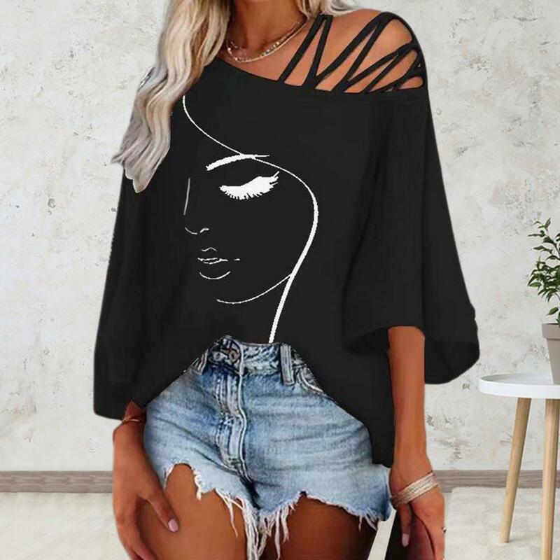Splicing Blouse Fashionable Women's Spring Summer Tops Strappy Skew Collar Blouse Loose Fit Tee Shirt Side Split Tank Top Soft