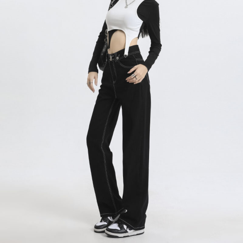 女性の韓国スタイルのジーンズ,ヴィンテージの韓国スタイルのパンツ,丈夫なハイウエスト,ゆったりとしたカジュアル