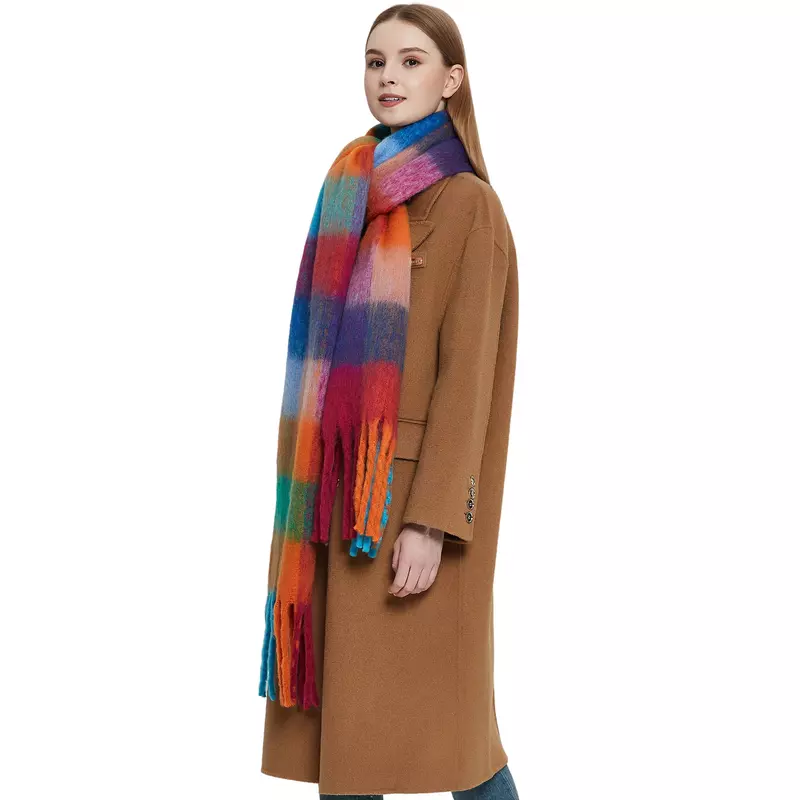Jesień i zima pogrubiony damski szal imitacja moheru kolorowa krata szalik z frędzlami miękki szal w stylu europejskim