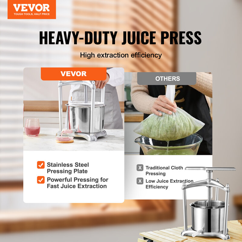 Ручной пресс для фруктов и вина VEVOR 1,6 Гал/6 л, бытовая машина из нержавеющей стали для приготовления естественных овощей и соков для домашней кухни
