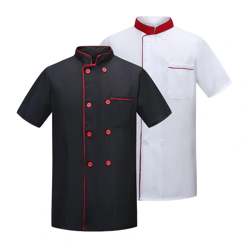 Chef respirável casaco com manga curta stand, uniforme Chef, resistente a manchas camisa, trespassado, apto para cozinha, padaria, restaurante