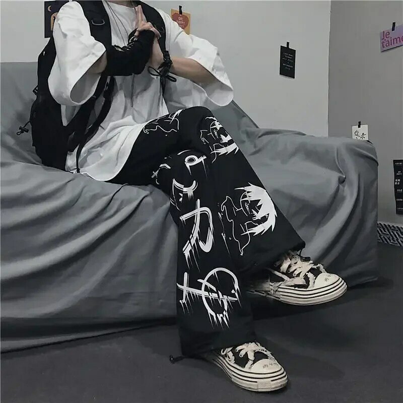 Japanischen Harajuku Anime Druck Breite Bein Hosen Frauen Hippie Streetwear Schwarz Jogginghose Koreanische Stil Übergroßen Hosen