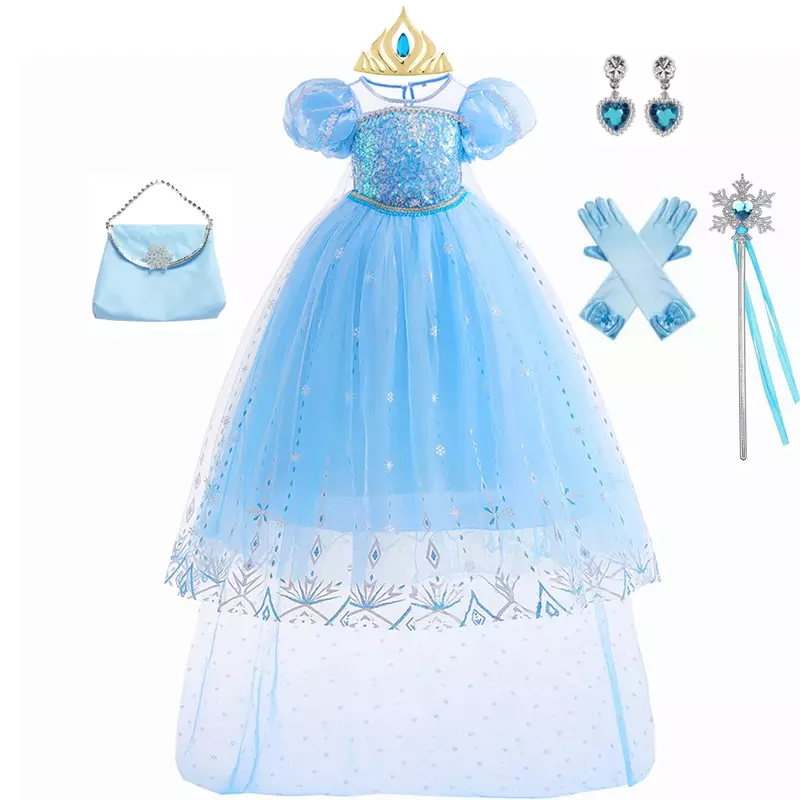 Baju pesta ulang tahun Elsa, baju Cosplay Halloween anak-anak perempuan, baju putri