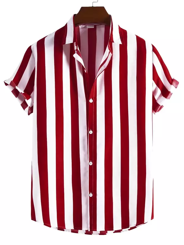 Camisa com estampa 3D listras verticais masculinas, tops de manga curta, camisas havaianas casuais soltas, roupas de verão, streetwear