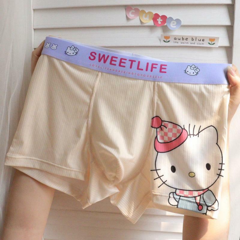 Hello Kitty Cartoon Print Cotton Boxers, fofos, kawaii, cuecas de meninos, tendência engraçada, personalidade, rosa, presente de conforto para namorado