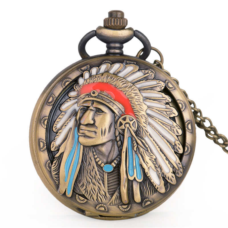US Factor POCKETWATCH Vintage bronce Tribal Chief COLLAR COLGANTE cuarzo relojes de bolsillo reloj regalo para hombres y mujeres