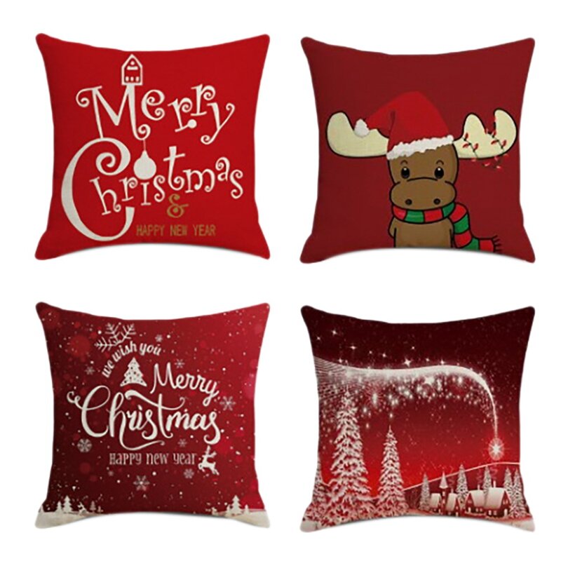 クリスマススクエアリネン枕カバー、ソファ、車、フォーンパターン、家の装飾、ギフト、45x45cm、4個