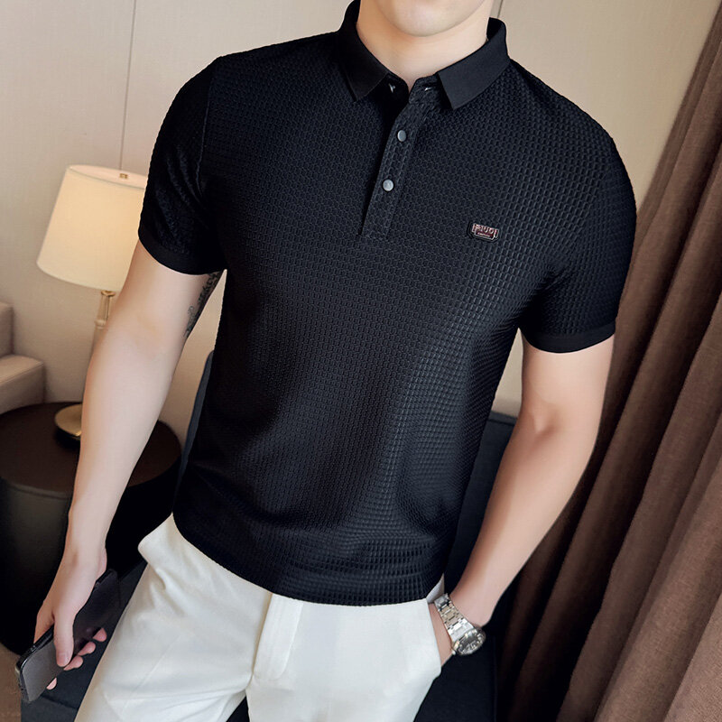 Рубашка-поло мужская высокоэластичная, роскошная одежда в Корейском стиле, из ледяного шелка, с короткими рукавами, повседневная облегающая футболка, лето