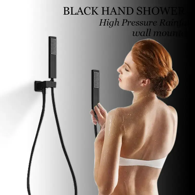 JIENI Matte Black Thermostatic 16" Rainfall Shower Faucet Sets Body Massage System Jets With Hand Sprayer Wall Mounted