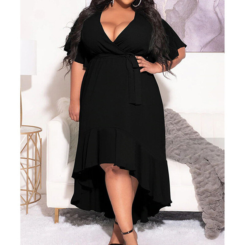 Evening Party Sexy Solid Color V-Neck Patchwork Ruffles Flare Half Sleeve Summer Clothes Bandage Plus Size Irregular Midi Dress
