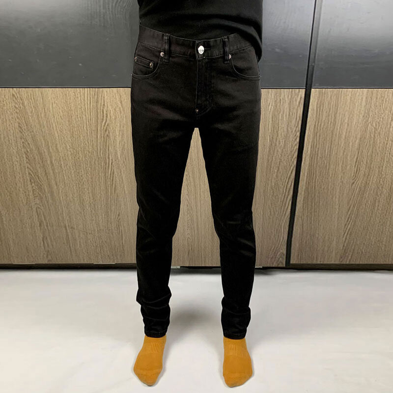 Streetwear modne dżinsy męskie czarny elastyczny chudy krój elastyczny dżinsy Vintage mężczyzn casualowe spodnie ołówkowe marki Hip Hop Homme