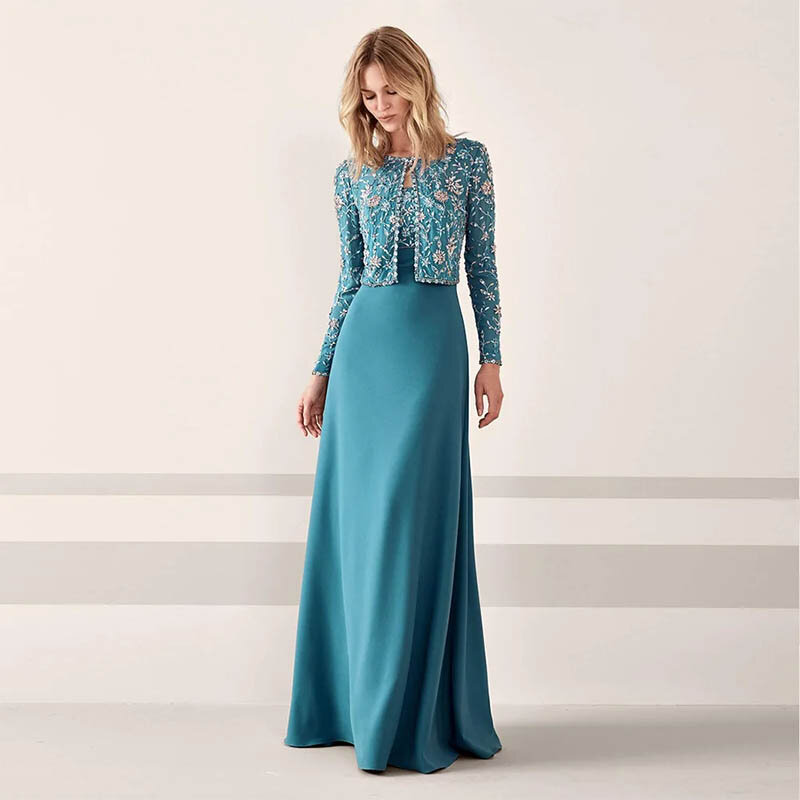 Gaun ibu pengantin elegan yang sangat indah leher sendok biru manik-manik tanpa lengan gaun malam panjang menyentuh lantai