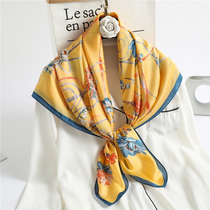 90cm Women Luxury Silk Square Scarf  Print Satin Shawl Wrap Female Neck Tie Hair Band  Foulard Bandana Headkerchief 2022