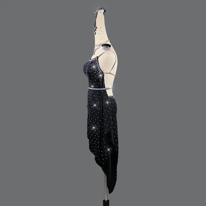 Vestido de baile latino profesional negro para mujer, traje de baile de salón Sexy con diamantes de imitación brillantes, ropa de práctica de competición de escenario