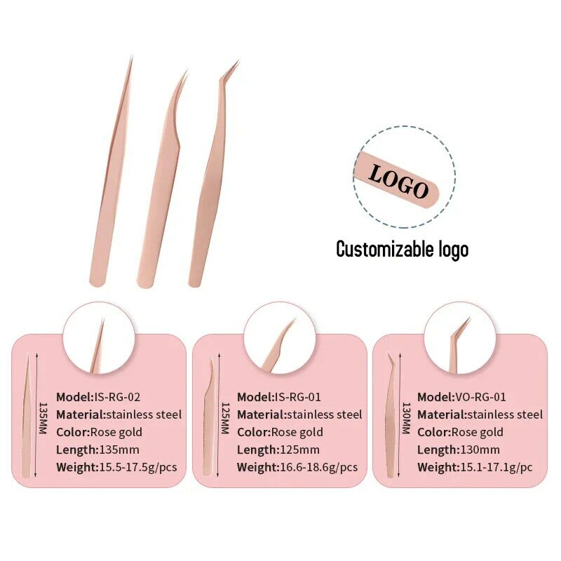 CNKlash-Pinzas de cejas de oro rosa 2024 para extensión de pestañas, herramientas de maquillaje antiestáticas rectas y curvadas