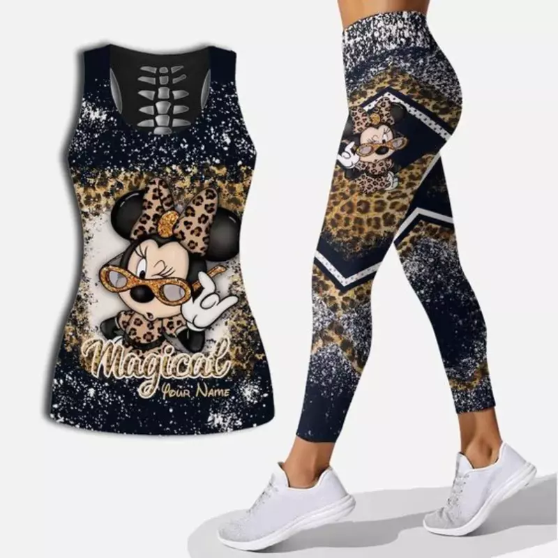 Traje deportivo de Mickey Mouse para mujer, mallas de Yoga, traje de Fitness, camiseta sin mangas de Disney, conjunto de Leggings