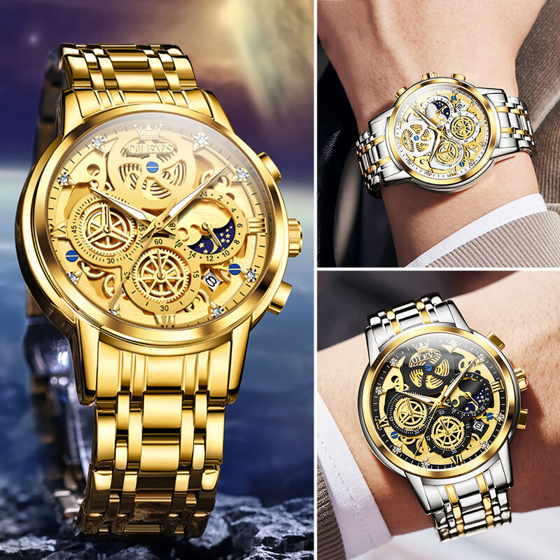 OLEVS-reloj analógico de cuarzo para hombre, accesorio de pulsera resistente al agua con cronógrafo, complemento masculino de marca de lujo con diseño Original de esqueleto dorado, 24 horas, día y noche, nuevo