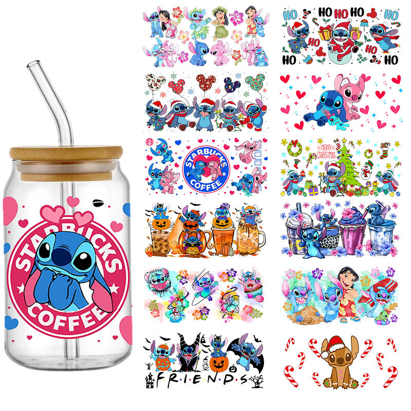 Disney-Lilo e Stitch Design Wrap Transfer Sticker, UV DTF Sticker para 16oz Cup, etiqueta personalizada, auto-adesivo, logotipo DIY