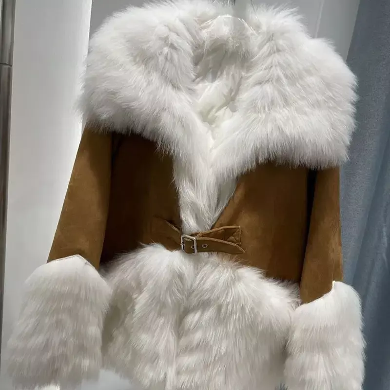 Manteau en daim avec col en fourrure de renard véritable pour femme, veste respirante, streetwear chaud, dame élégante