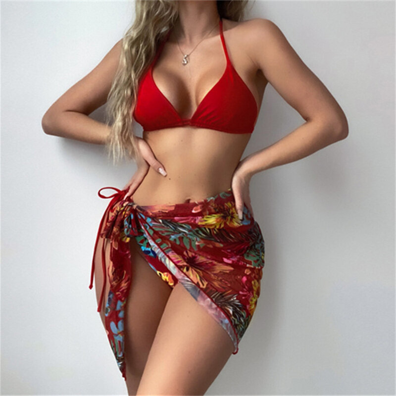 Bikini Backless tali mikro baju renang gambar tropis Cover-Up 3-piece pakaian renang liburan pantai Brasil pakaian mandi wanita Biquini