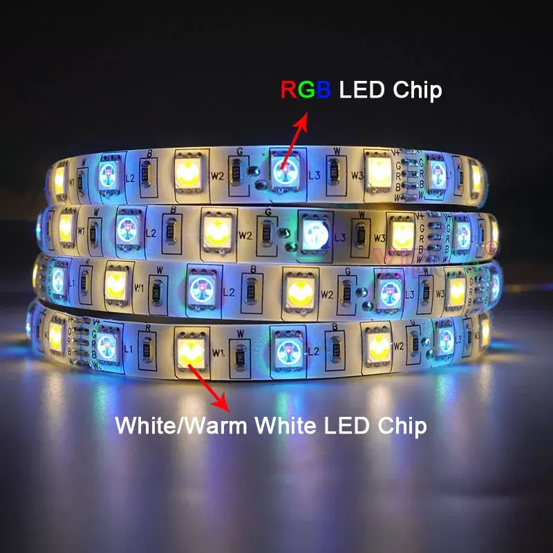 Barra de luz LED flexível, fita de lâmpada, SMD 5050, RGB, RGBW, RGBWW, RGB + CCT, 12V DC, 60LEDs por m, RGB + Branco, Branco Quente, IP30, IP65