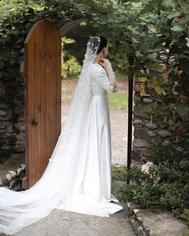 Mulheres longo sopro mangas noiva vestido, colarinho quadrado, vestidos de casamento simples, cetim, elegante, personalizar, medir, impressionante