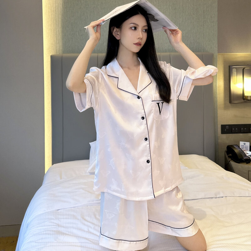 Female Sexy Lingerie Nightwear Satin Print Pajamas Set Spring Summer New Sleepwear Pijamas Suit Loose Casual Home Clothes