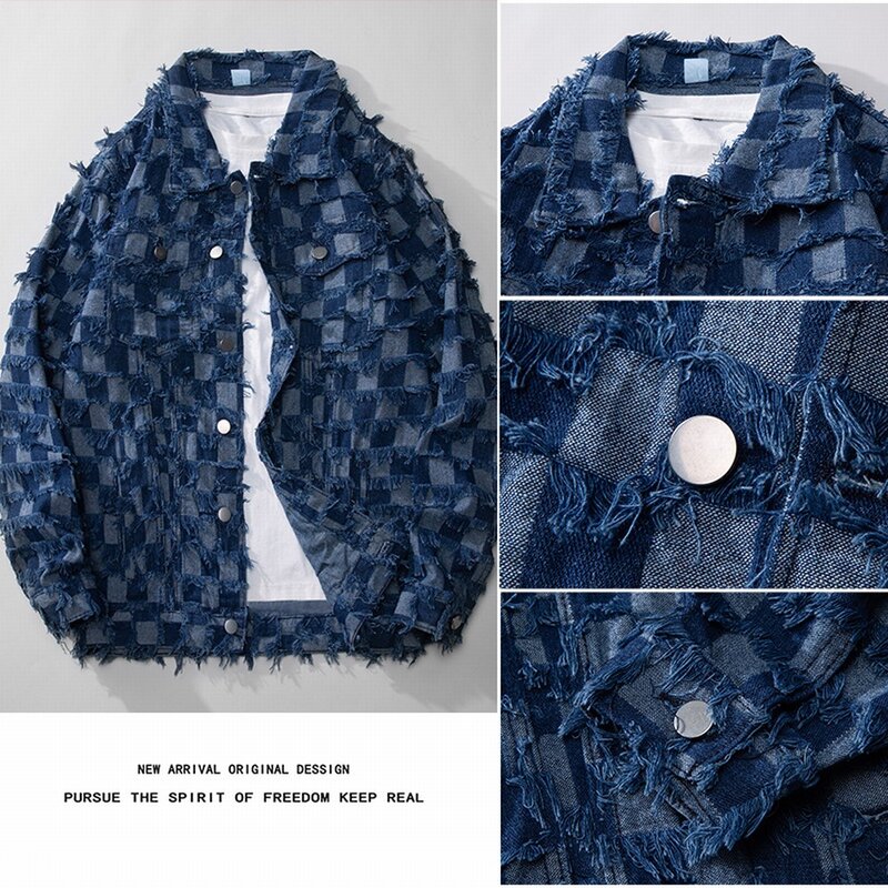레트로 블루 격자무늬 태슬 데님 재킷, 워시 코튼 자케타 청바지, 루즈 스트리트웨어, 용수철 가을