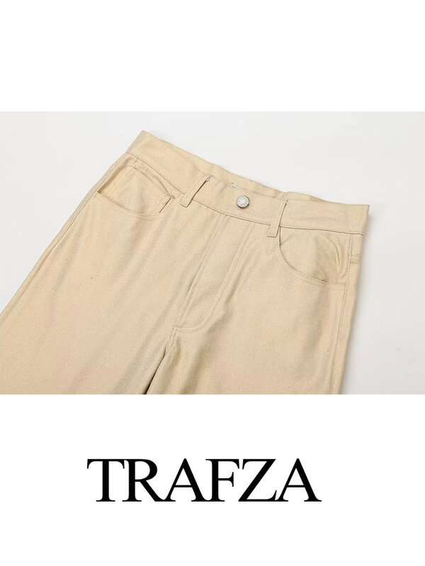 TRAFZA Women's Loose Wide-leg Pants Fashionable Khaki High Waist Pocket Decorated Women's Zipper Pants Summer Retro Street Pants