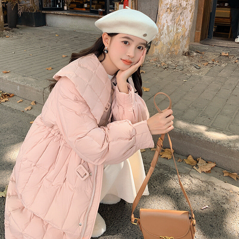 2023 Winter New Academy Style Doll Neck Down Coat Women Mid Length Loose Warm White Duck Down Coat