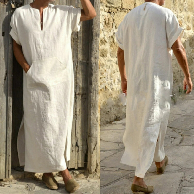 Short Sleeve Solid Color Men Muslim Islamic Kaftan Robe Jubba Thobe Kaftan Muslim Robe Casual Dubai Saudi Arabia Abaya Robes 5XL