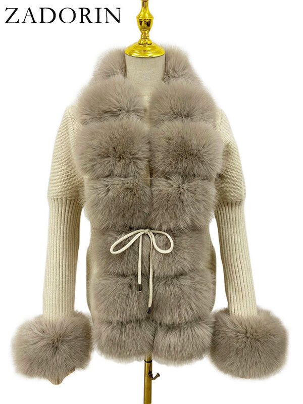 ZADORIN 여성용 인조 모피 코트, 럭셔리 니트 스웨터, 모피 가디건, 분리형 칼라, 화이트 핑크 재킷, 가을 겨울
