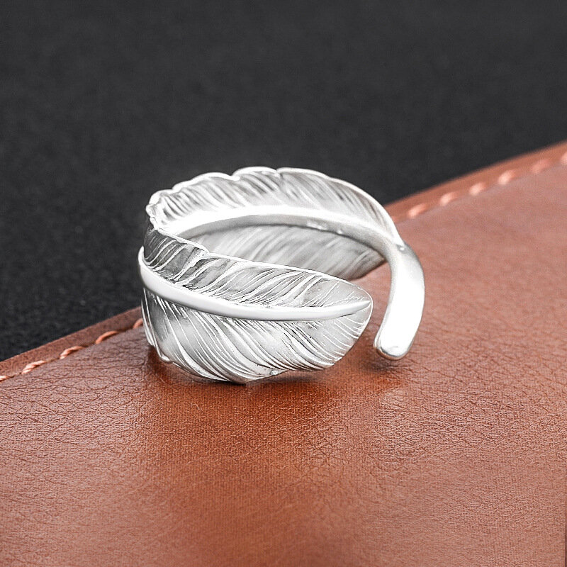 100% pure silver S925 simple silver feather ring for men and women trendy personality punk open ring factory direct sales