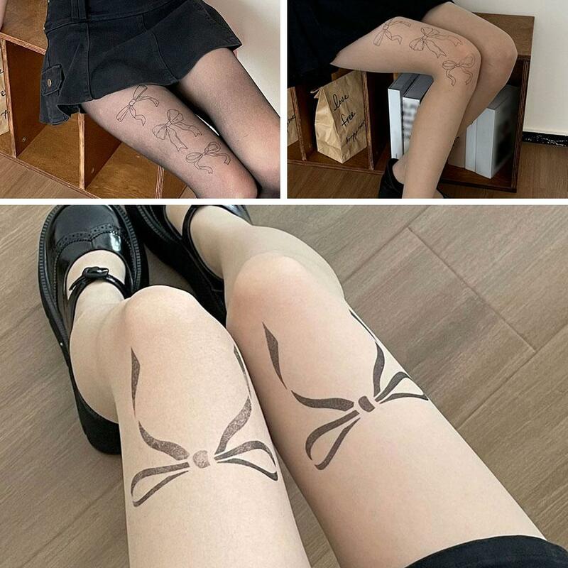 Calças de seda coreanas com arco, Y2K Pantyhose para Cosplay Party, meias pretas, sexy impressão, JK Pantyhose