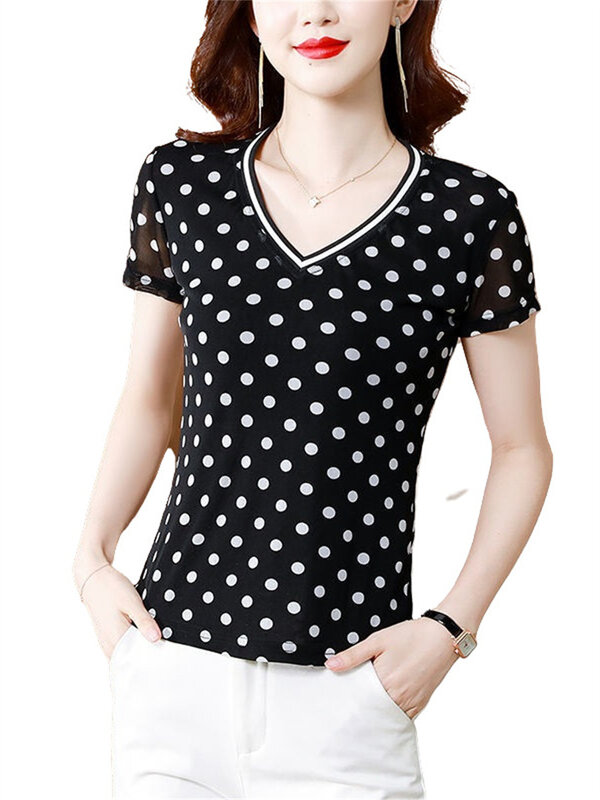 5XL Women Spring Summer Blouses Shirts Lady Fashion Casual Short Sleeve V-Neck Collar Polka Dots Printing Blusas Tops G2152