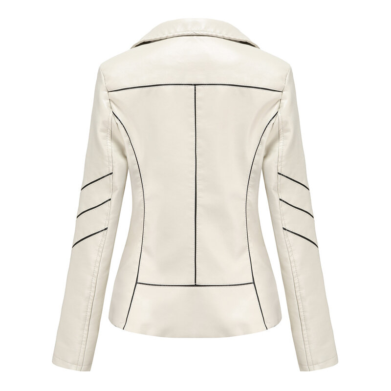 Mantel kulit PU tipis wanita, mantel Musim Semi miring ritsleting sepeda motor pakaian kulit kasual baru 2024