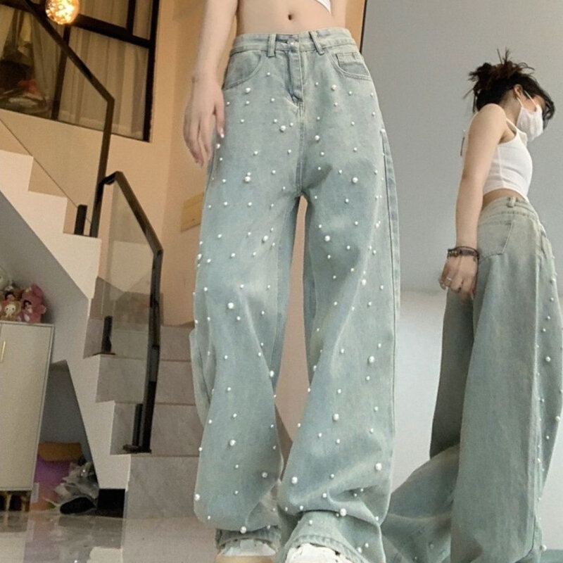 Женские свободные джинсы с высокой талией, винтажные повседневные пикантные модные уличные длинные джинсы в американском стиле с жемчужинами для девушек, Y2k