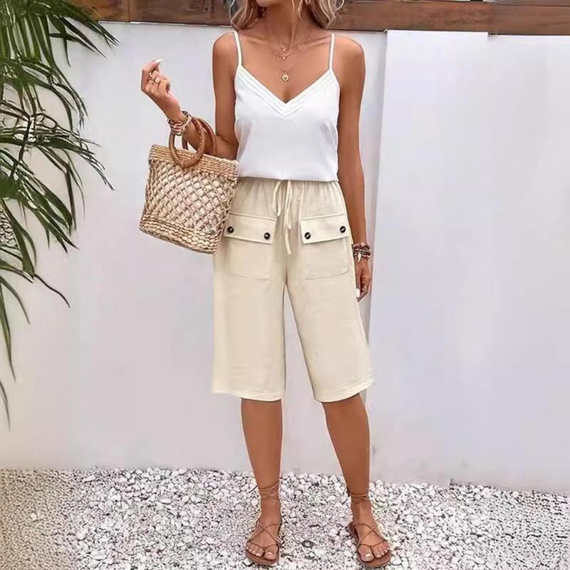 Women Shorts Summer Shorts Stylish Knee Length Women's Shorts with Drawstring Elastic Waist Buttoned Front Pockets for Casual