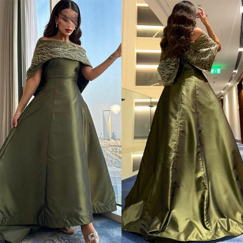 Satin Sequined Beading Ruched Cocktail Party A-line Off-the-shoulder Bespoke Occasion Gown Long Dresses