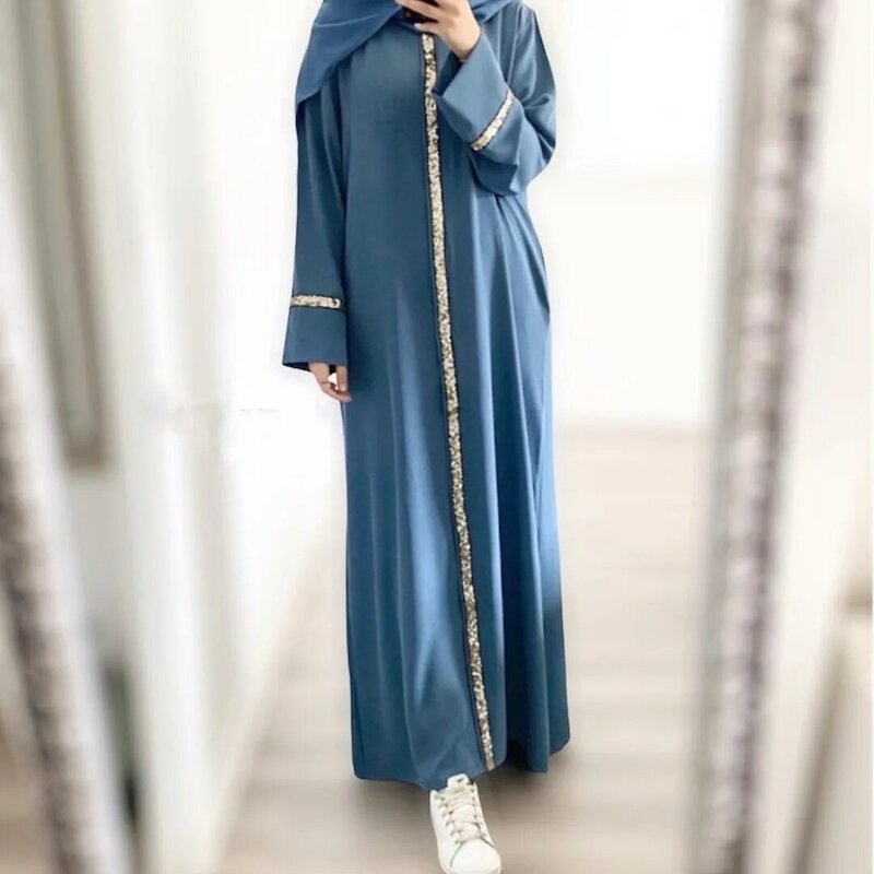 Middle East Moroccan Muslim Luxury Fashion Women's Robe Spliced Edge Sequin Dress Solid Color Chiffon Robe