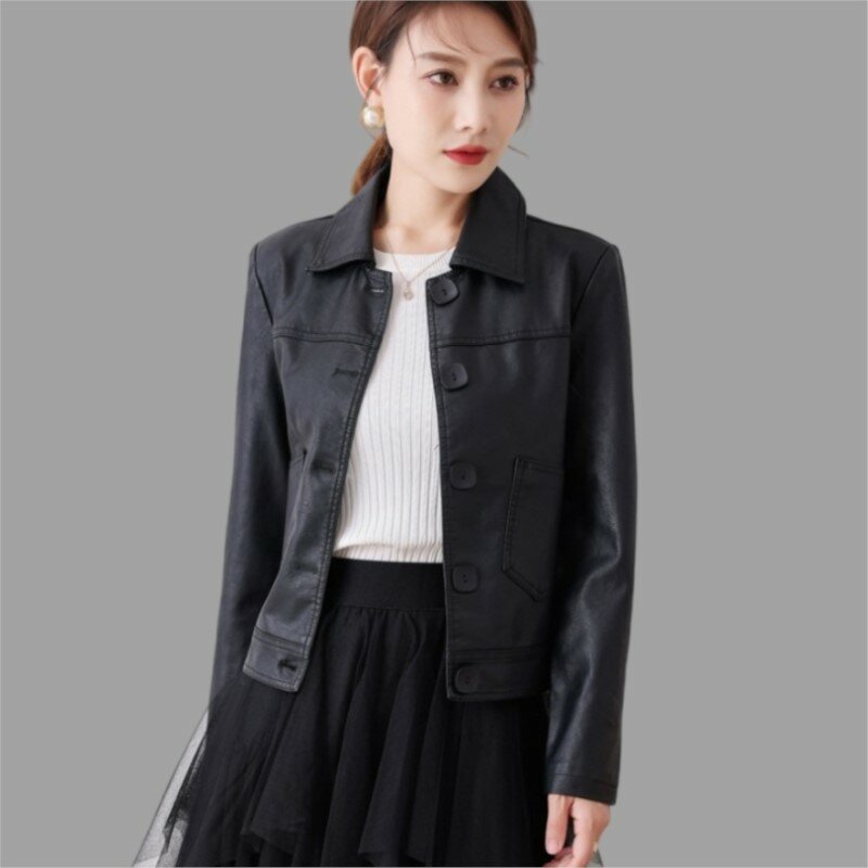Women's Korean Slim Fit PU Leather Jacket Spring Short Lapel Coat Lady Windproof Motorcycle Outwear Casual Single Breasted Top