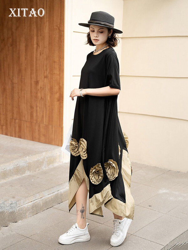 XITAO Three-dimensional Decoration Flower Dresses Asymmetrical Patchwork O-neck Pullover Slimming Dress 2024 Summer New ZY8671