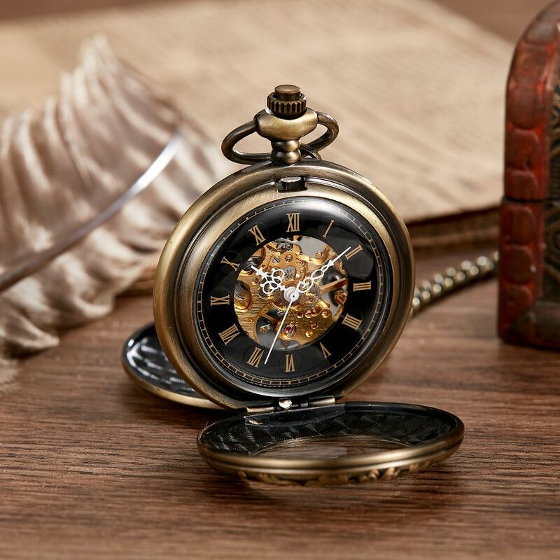 Nuovo 2 lati aperto regalo intaglio orologio da tasca meccanico uomo donna Fob vento a mano doppio cacciatore numeri romani