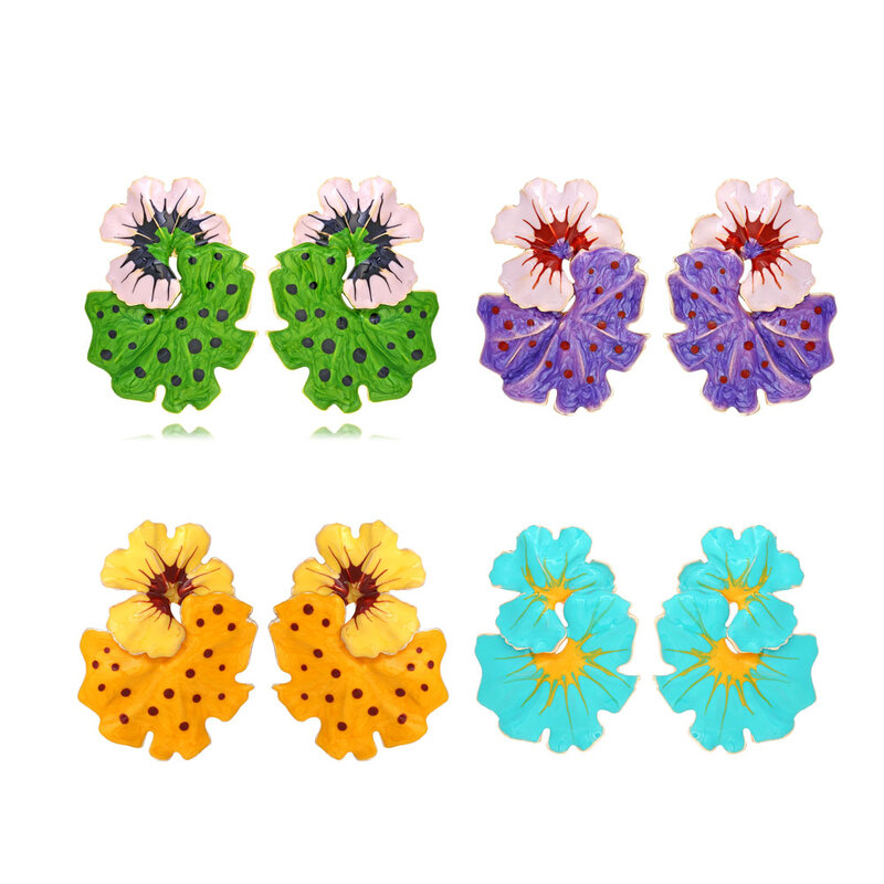 Anting-anting kancing bunga besar Enamel anting-anting bunga daun titik gelombang temperamen warna-warni manis untuk perhiasan anting-anting kepribadian wanita